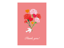 画像をギャラリービューアに読み込む, カード大 カラー封筒　小鳥とカーネーションと花束（ピンク）（Thank you!）
