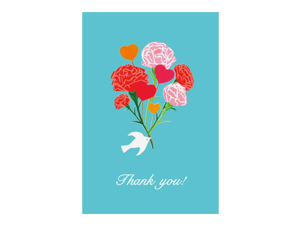 カード大 カラー封筒　小鳥とカーネーションと花束（ブルー）（Thank you!）